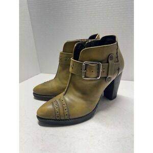 Dkode Olive Green Leather Buckle Ankle Boots Brogue Detail Block Heel EU 38 7.5